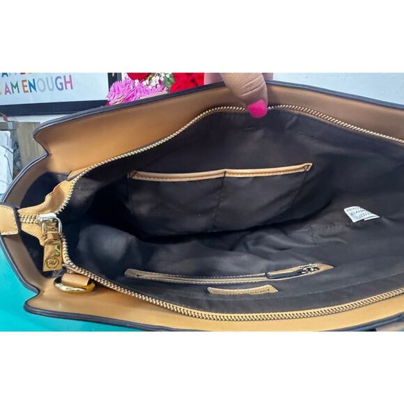 Adrienne Vittadini Studio Striped Satchel Bag - Brown & Yellow Faux Leather - Picture 4 of 4